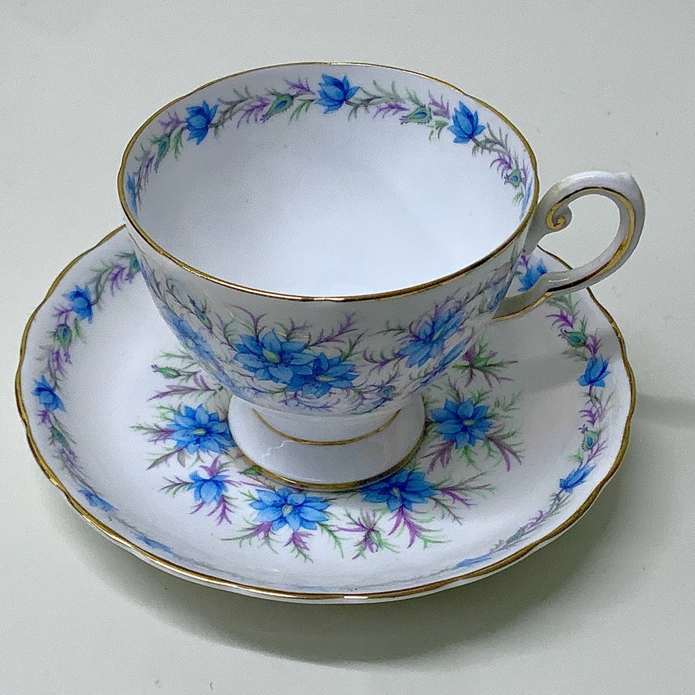 Vintage Royal Tuscan LOVE IN THE MIST Blue Footed Tea Cup & Saucer Set